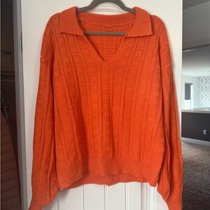 Vibrant Orange Knit V-Neck Sweater